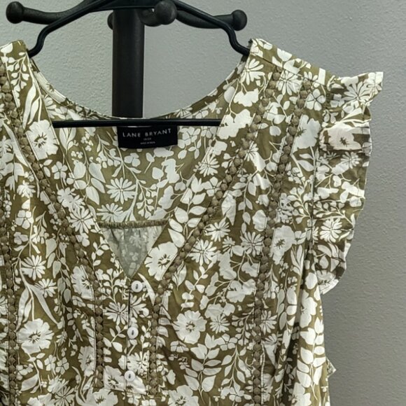 Lane Bryant Shirt Top Size 18/20 100% Cotton Olive Green Gardencore Bohemian - Picture 3 of 7